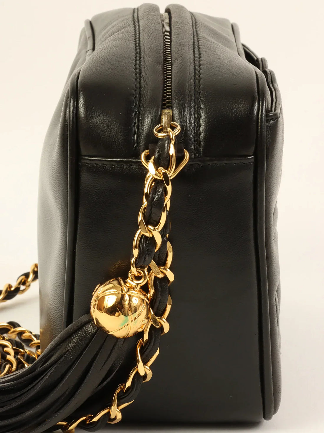 CHANEL Around 1995 Made Triple Cc Mark Stitch Tassel Chain Shoulder Bag Black