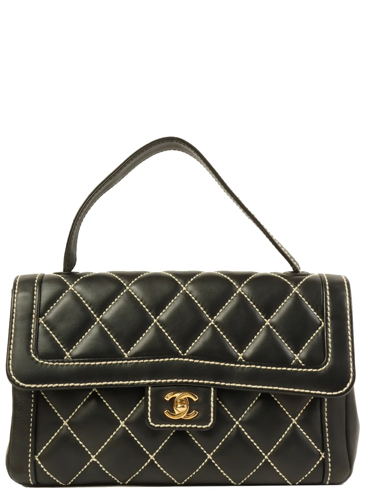 CHANEL Around 2004 Made Wild Stitch Turn-Lock Top Handle Bag Black