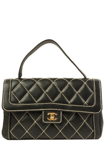 CHANEL Around 2004 Made Wild Stitch Turn-Lock Top Handle Bag Black