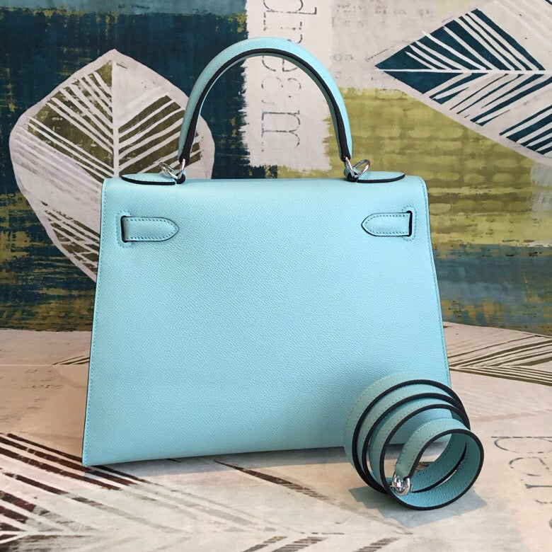 HM Kelly 28 Bleu Frida Evercolor Bag With Sliver Toned Harware For Womtlm, Handbags, Shoulder Bags 11in/28cm