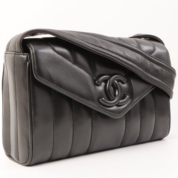 Chanel Around 1995 Made V Flap Mademoiselle Stitch Cc Mark Shoulder Bag Black