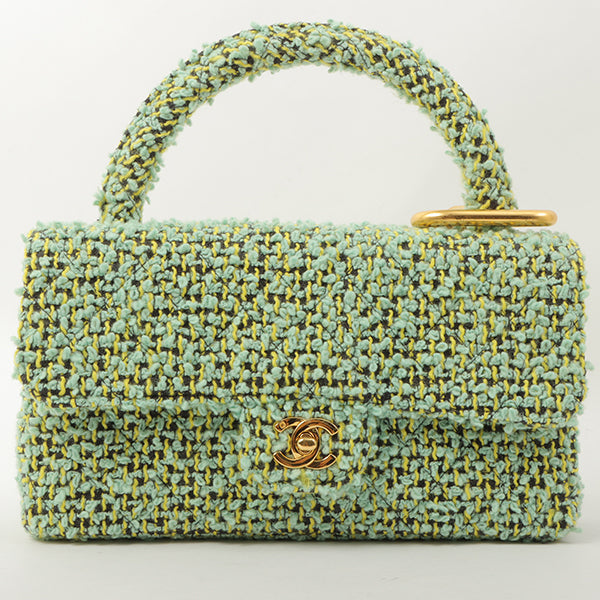 Chanel Around 1993 Made Tweed Classic Flap Top Handle Bag With Micro Bag Apple Green