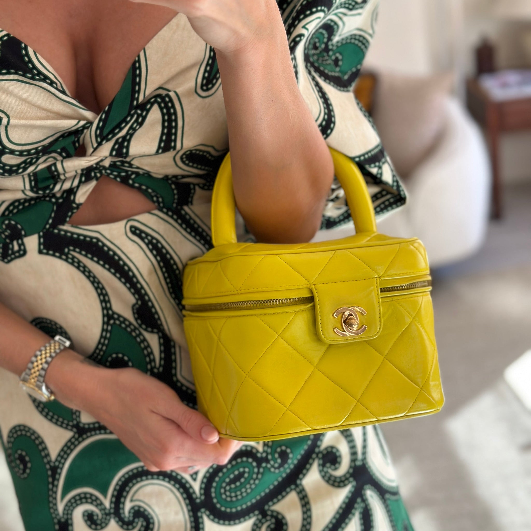 *ORIGINAL 90'S VINTAGE* Chanel Yellow Vintage Top Handle Vanity Bag in Lambskin Leather with 24k Gold Hardware