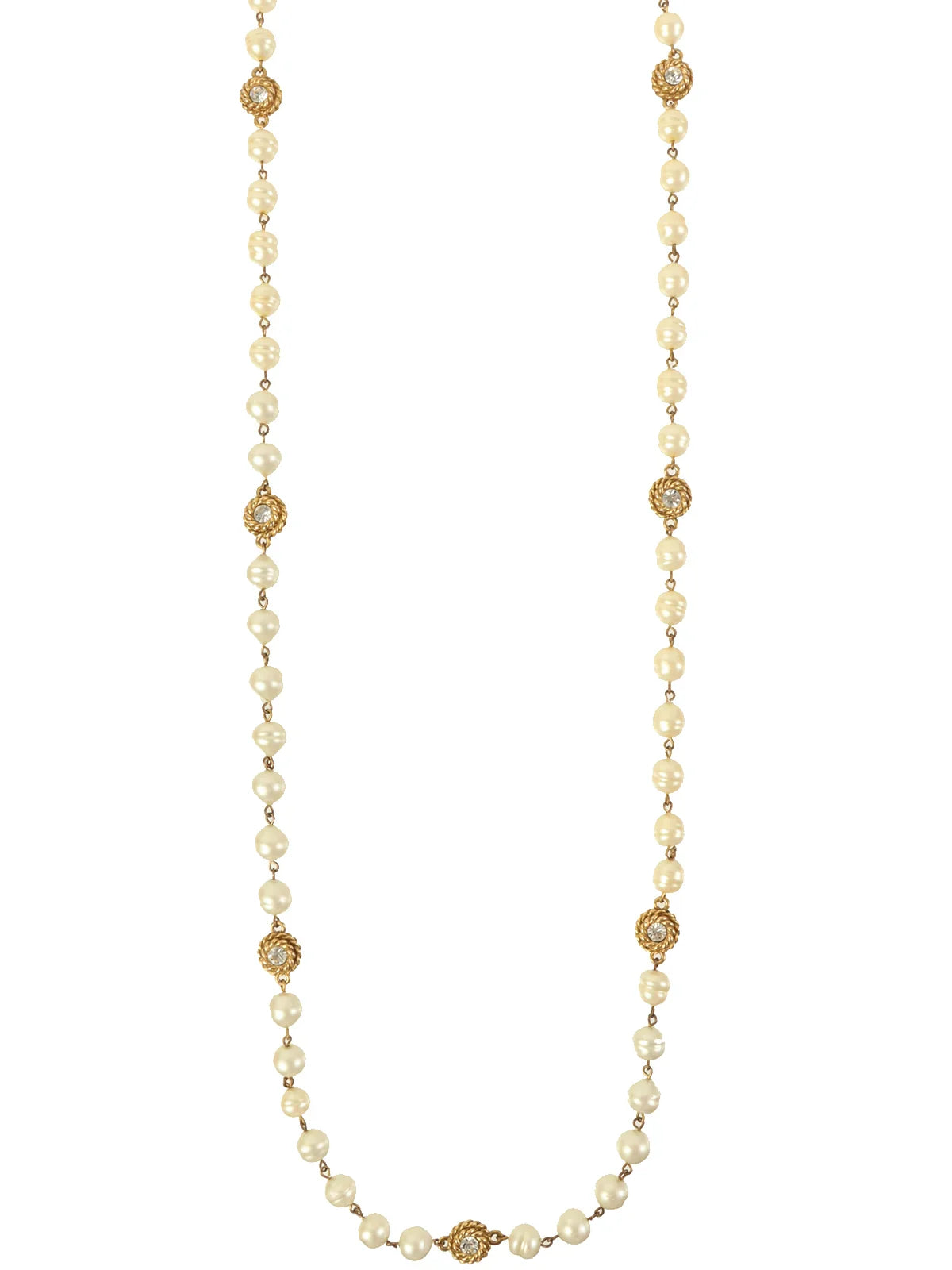 CHANEL Pearl Rhinestone Round Cc Mark Plate Long Necklace Gold/White