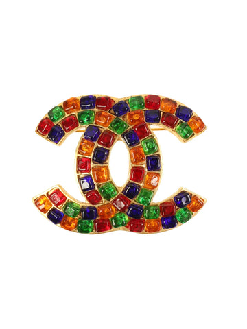 CHANEL 1995 Made Gripoix Stone Cc Mark Brooch Gold/Multi