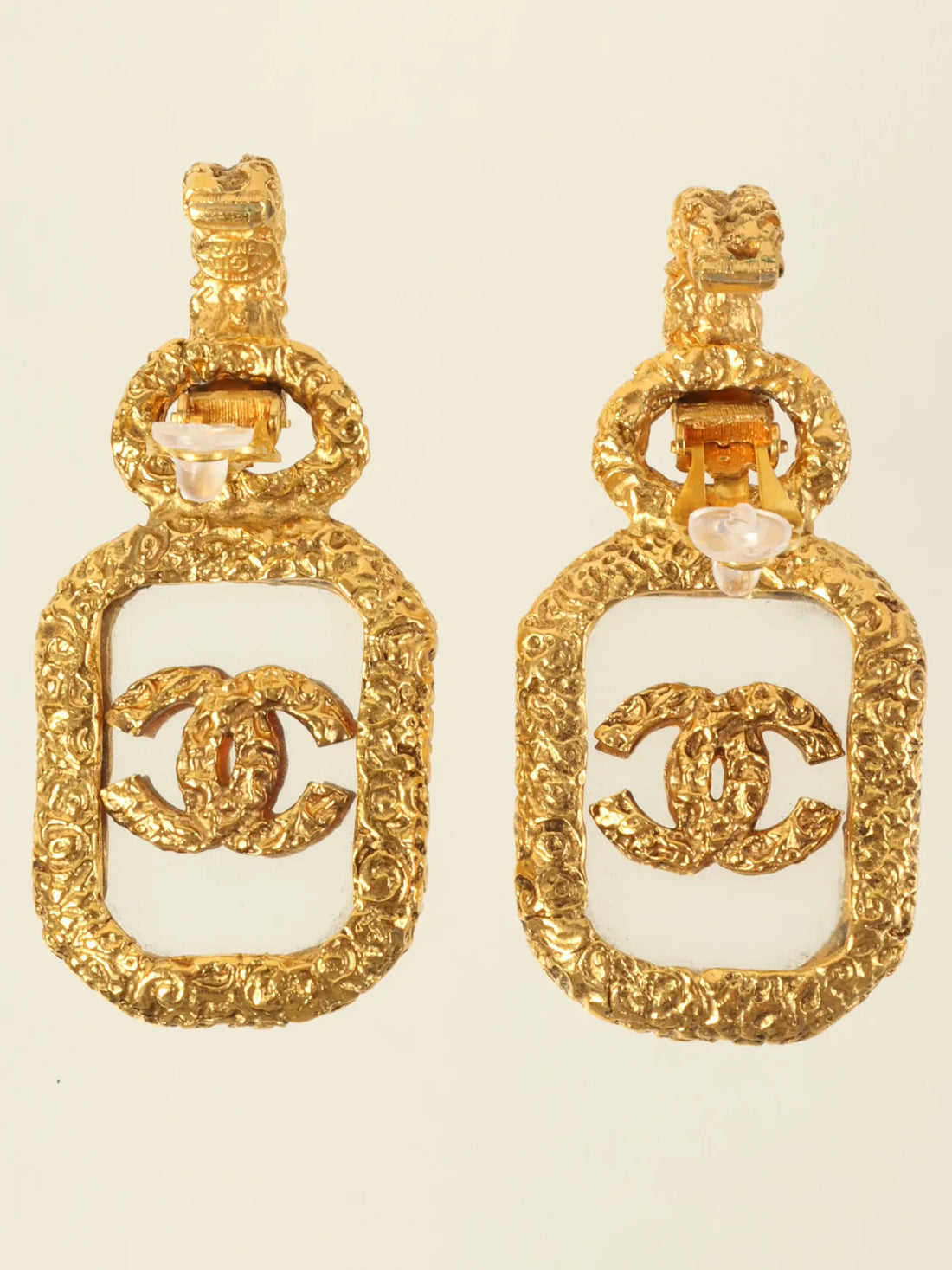 CHANEL 1993 Made Square Cc Mark Swing Earrings Gold/Clear