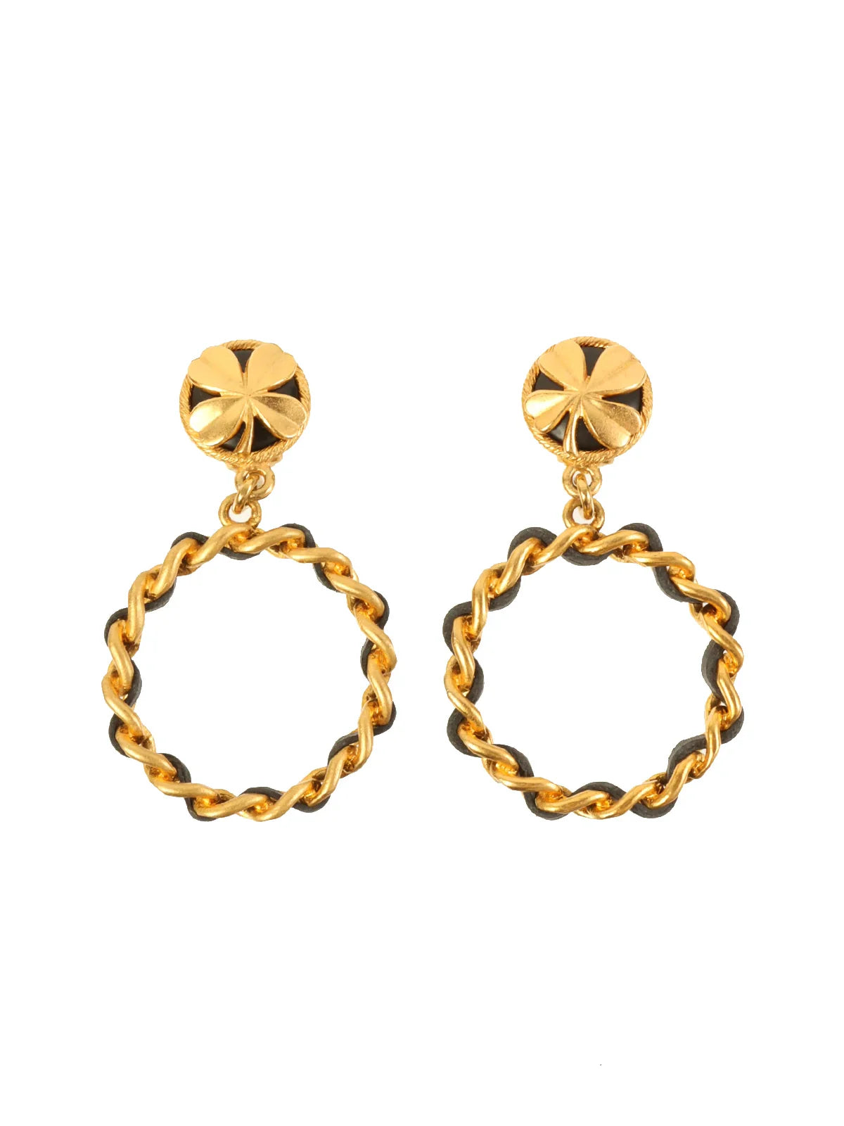 CHANEL 1994 Made Round Clover Hoop Swing Earrings Gold/Black