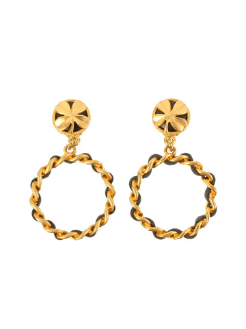 CHANEL 1994 Made Round Clover Hoop Swing Earrings Gold/Black