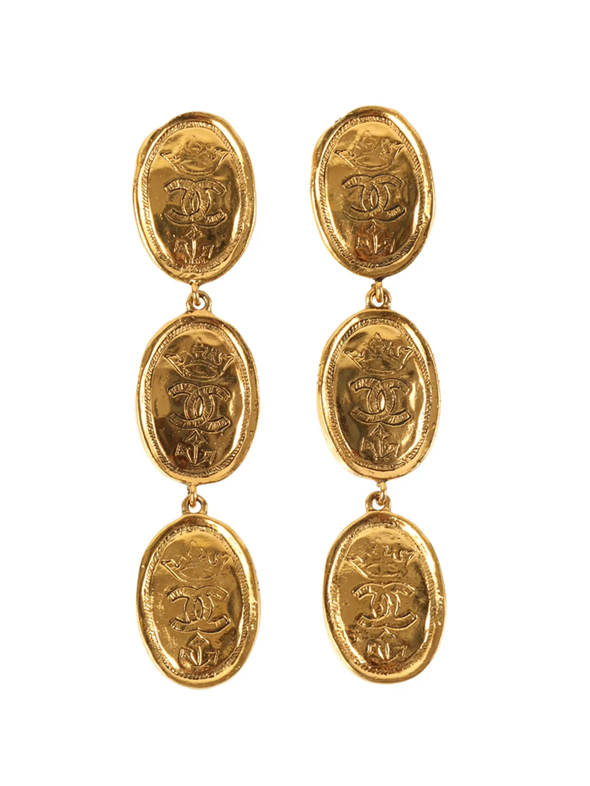 CHANEL 1991 Made Oval Cc Mark Crown Swing Earrings Gold