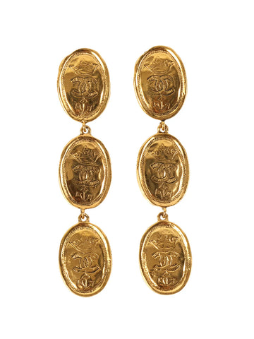 CHANEL 1991 Made Oval Cc Mark Crown Swing Earrings Gold