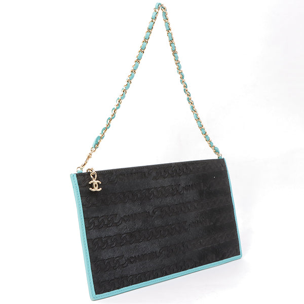 Chanel Around 2000 Made Unborn Calf Logo Embossed Chain Clutch Bag Black/Turquoise Blue