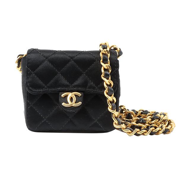 Chanel Around 1990 Made Silk Satin Cc Mark Plate Micro Chain Bag Black