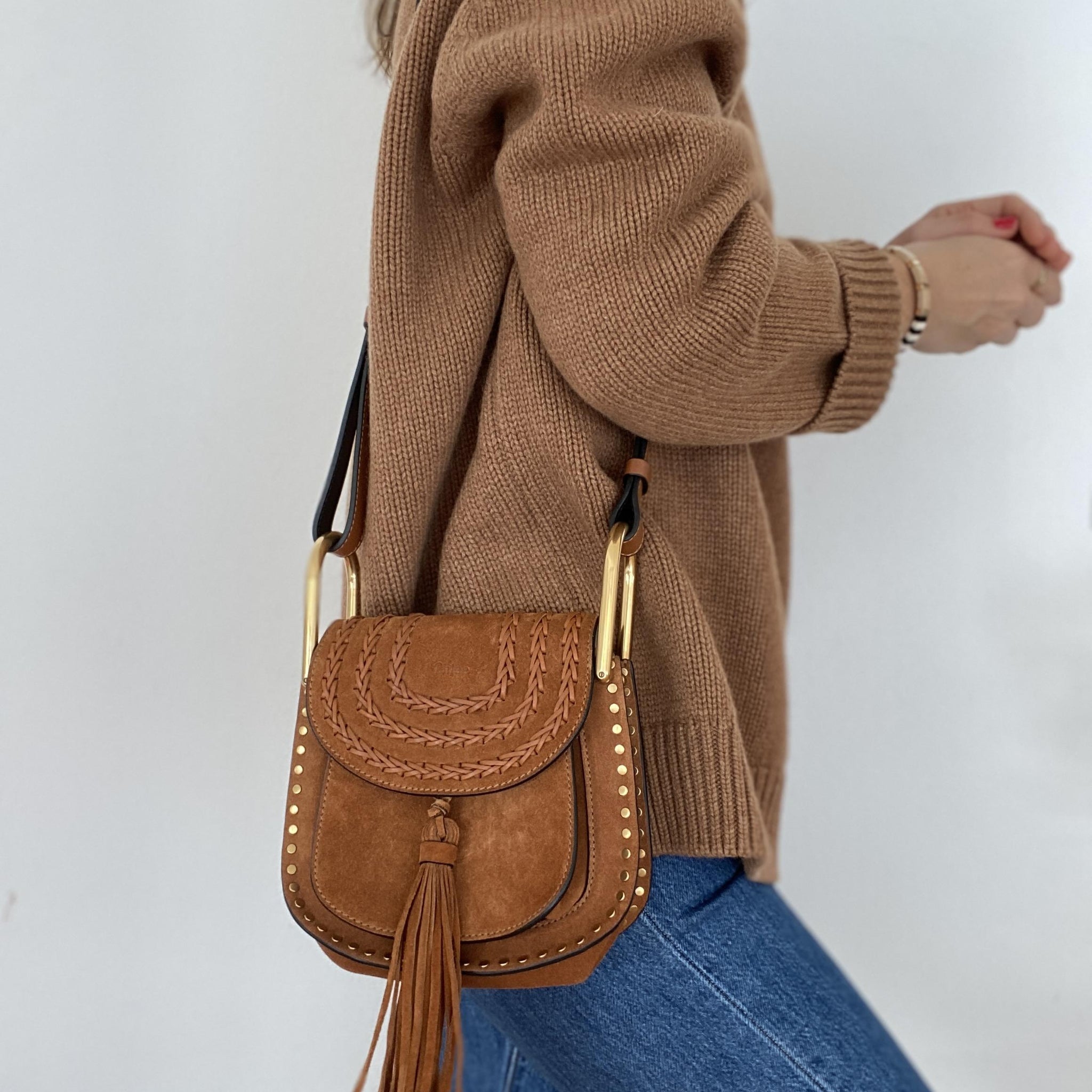 Chloé Hudson mini whipstitched suede shoulder bag in Tan