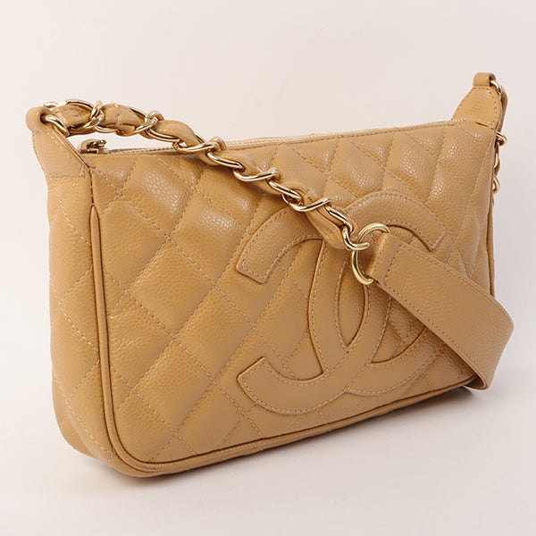 Chanel Around 2001 Made Caviar Skin Cc Mark Stitch Shoulder Bag Beige