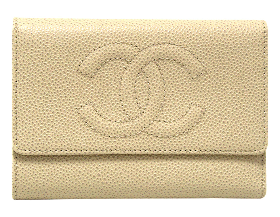 New Chanel White Caviar Leather Classic CC Timeless Medium Trifold Wallet