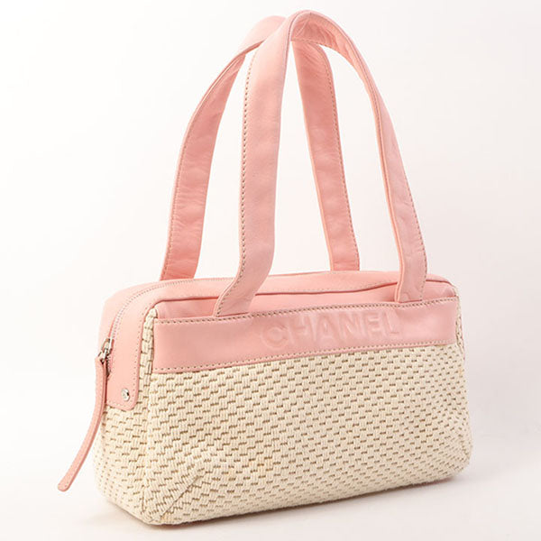 Chanel Around 2005 Made Cotton Leather Comby Logo Embossed Handle Bag Beige/Pink