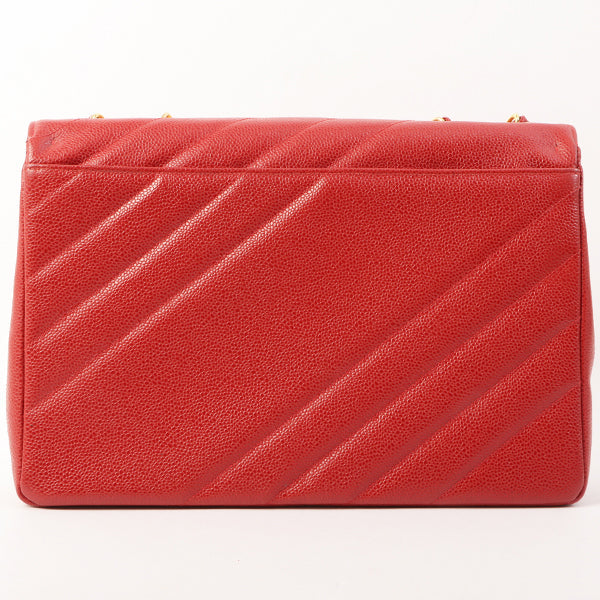 CHANEL Around 1995 Made Caviar Skin Cc Mark Diagonal Stitch Chain Bag Red