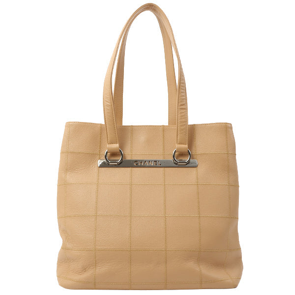 Chanel Around 2006 Made Caviar Skin Chocolate Bar Cut-Out Logo Plate Shoulder Bag Smoky Beige