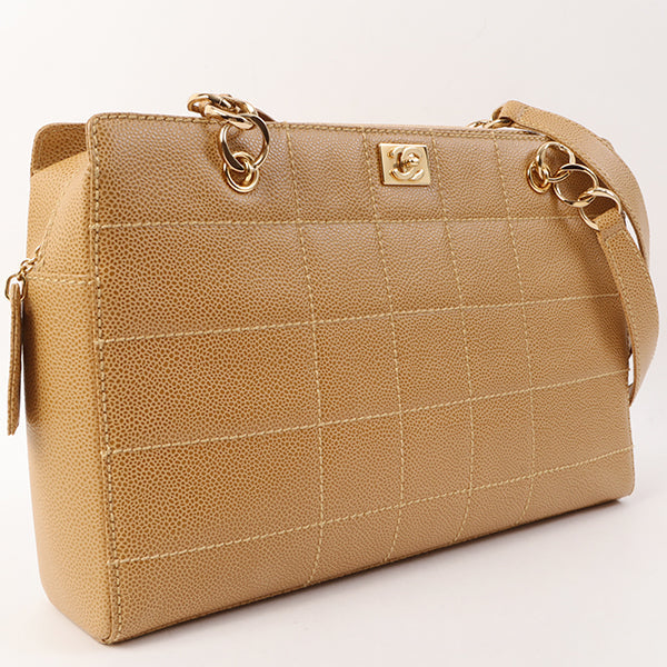 Chanel Around 2001 Made Caviar Skin Square Turn-Lock Chocolate Bar Shoulder Bag Beige