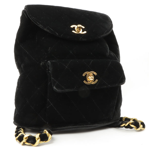 CHANEL Around 1995 Made Double Turn-Lock Velour Backpack Black