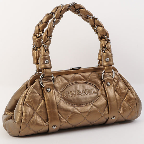 Chanel Around 2006 Made Wild Stitch Logo Embossed Metal Clasp Top Handle Bag Brown