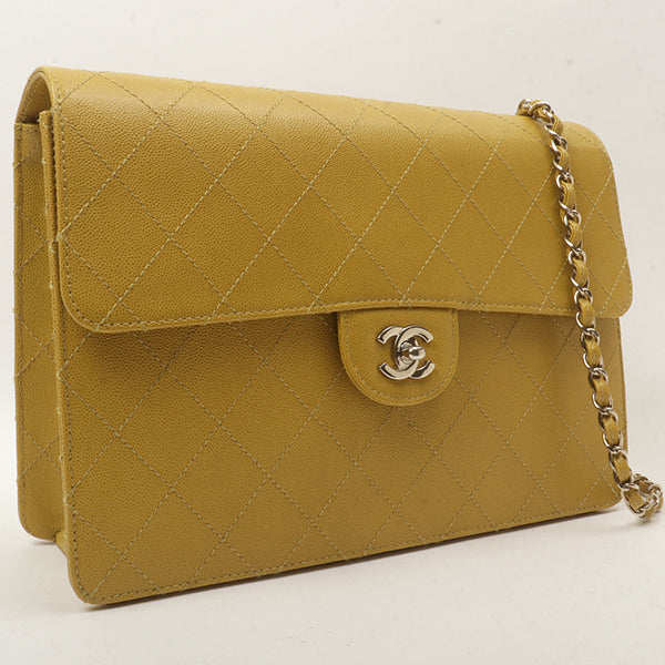 Chanel Around 1998 Made Soft Caviar Skin Classic Flap Chain Bag Lime Yellow/ Silver