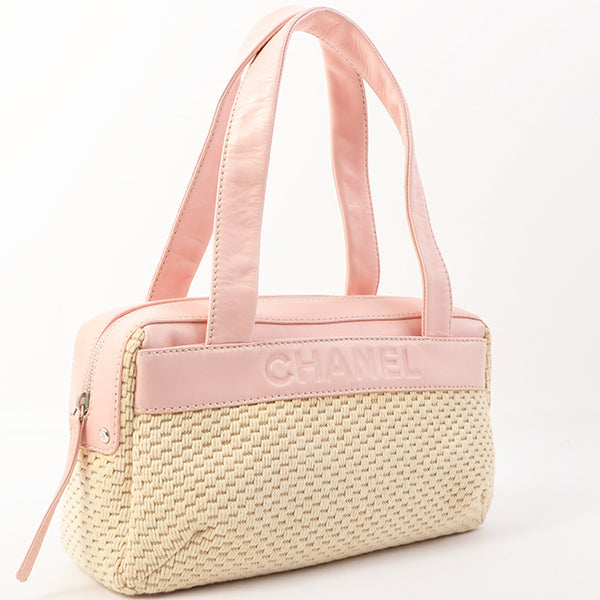 Chanel Around 2005 Made Cotton Leather Combination Logo Embossed Top Handle Bag Beige/Pink