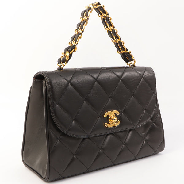 Chanel Around 1995 Made Design Flap Turn-Lock Chain Top Handle Bag Black
