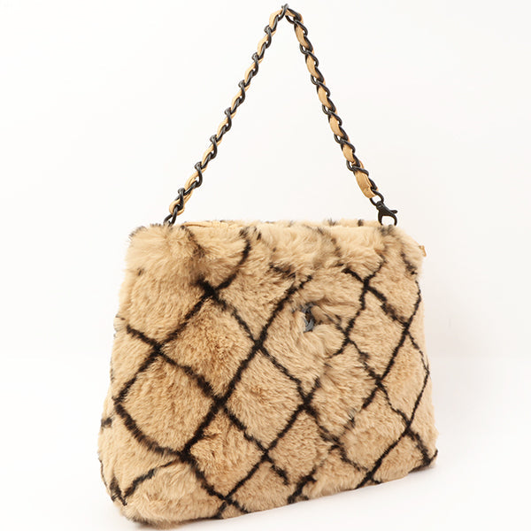 Chanel Around 2000 Made Lapin Fur Cc Mark Plate Chain Bag Beige