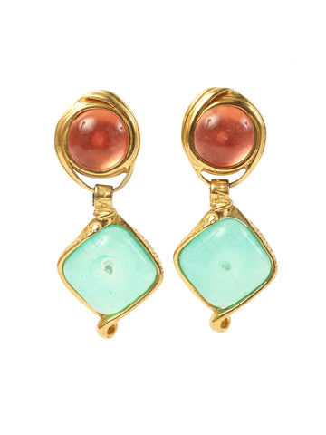 CHANEL 1996 Made Gripoix Swing Earrings Gold/Pink/Green