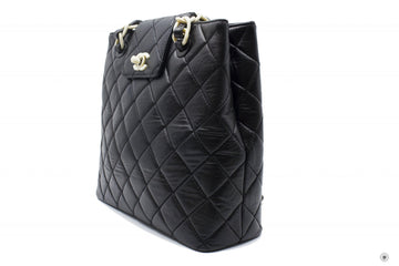 Chanel Vintage With Resin Woven Chain And Lock Black Lambskin Tote Bag