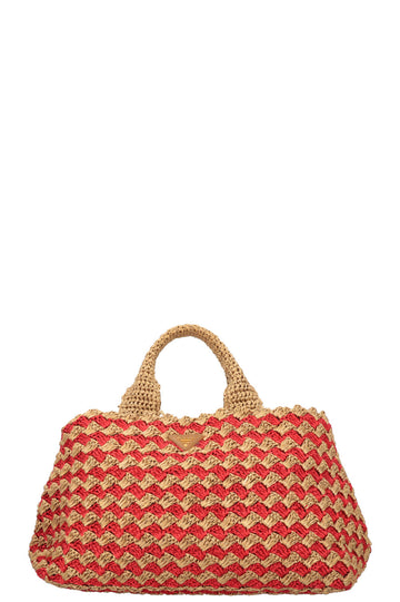 PRADA Tote Bag Raffia Gold Red
