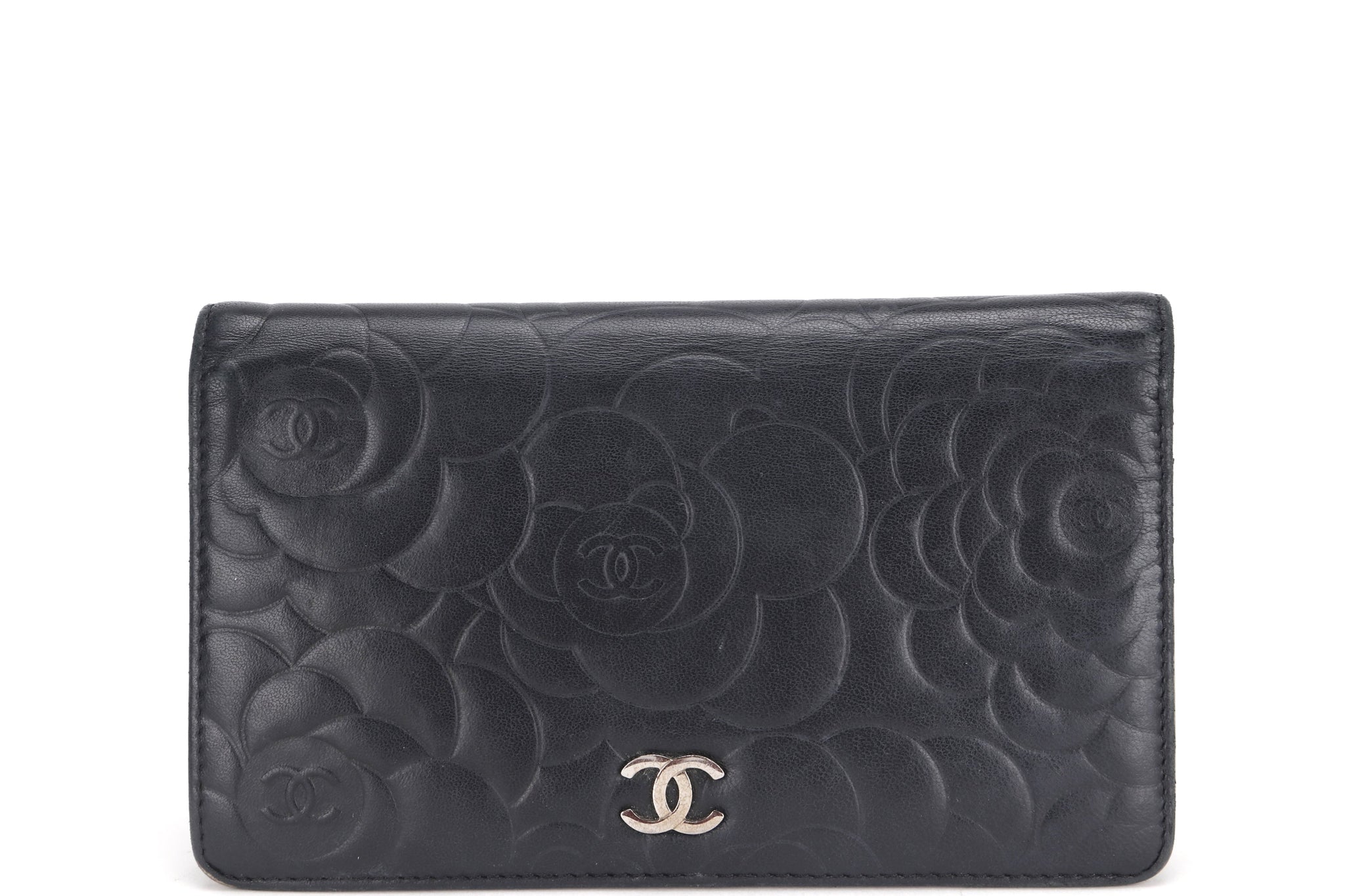 CHANEL CAMELLIA BLACK LAMBSKIN LEATHER LONG WALLET (1671xxxx) SILVER HARDWARE, WITH  & BOX