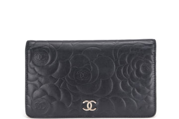 CHANEL CAMELLIA BLACK LAMBSKIN LEATHER LONG WALLET (1671xxxx) SILVER HARDWARE, WITH  & BOX
