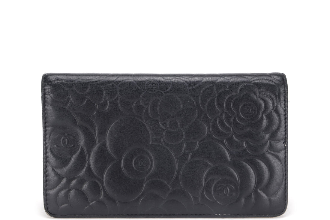 CHANEL CAMELLIA BLACK LAMBSKIN LEATHER LONG WALLET (1671xxxx) SILVER HARDWARE, WITH  & BOX