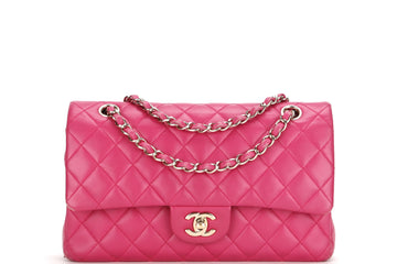 CHANEL CLASSIC DOUBLE FLAP (2214xxxx) MEDIUM PINK LAMBSKIN GOLD HARDWARE ,WITH , DUST COVER & BOX
