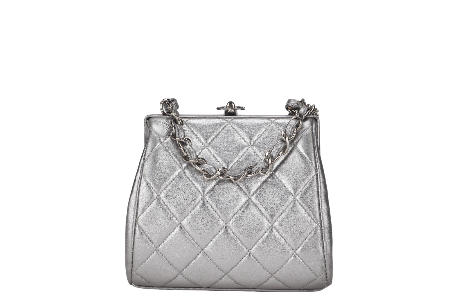 CHANEL VINTAGE TIMELESS FRAME BAG MINI QUILTED SILVER METALLIC LAMBSKIN SILVER HARDWARE (458xxxx)