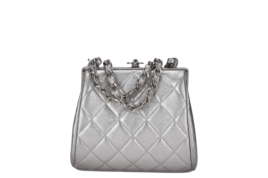 CHANEL VINTAGE TIMELESS FRAME BAG MINI QUILTED SILVER METALLIC LAMBSKIN SILVER HARDWARE (458xxxx)