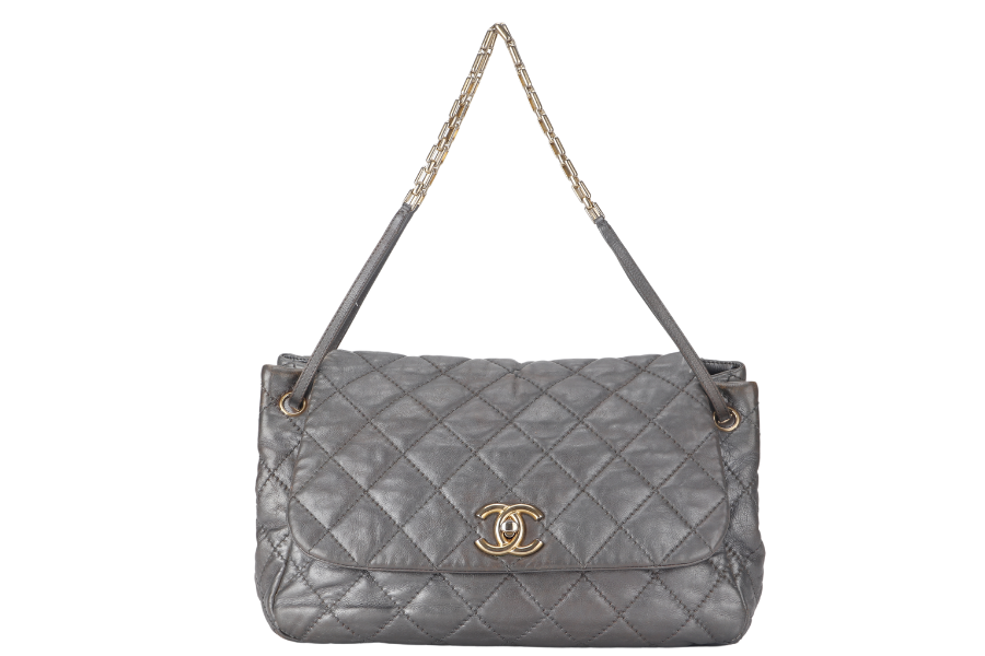 CHANEL RETRO CHAIN ACCORDIAN FLAP LARGE GREY LAMBSKIN LEATHER GOLD HARDWARE (1446xxxx) WITH DUST COVER