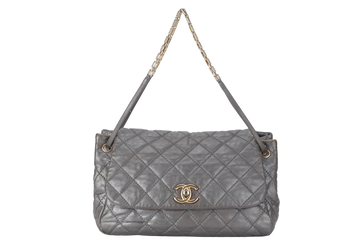CHANEL RETRO CHAIN ACCORDIAN FLAP LARGE GREY LAMBSKIN LEATHER GOLD HARDWARE (1446xxxx) WITH DUST COVER