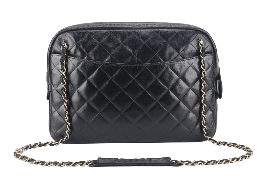 CHANEL VINTAGE CAMERA BAG (117xxxx) MEDIUM BLACK LAMBSKIN QUILTED GOLD HARDWARE NO DUST COVER