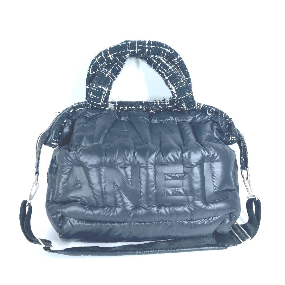 CHANEL Shoulder Bag Nylon, Tweed black 2WAY bag Boston Duffel bag Coconage Doudoune embossed logo Women Used