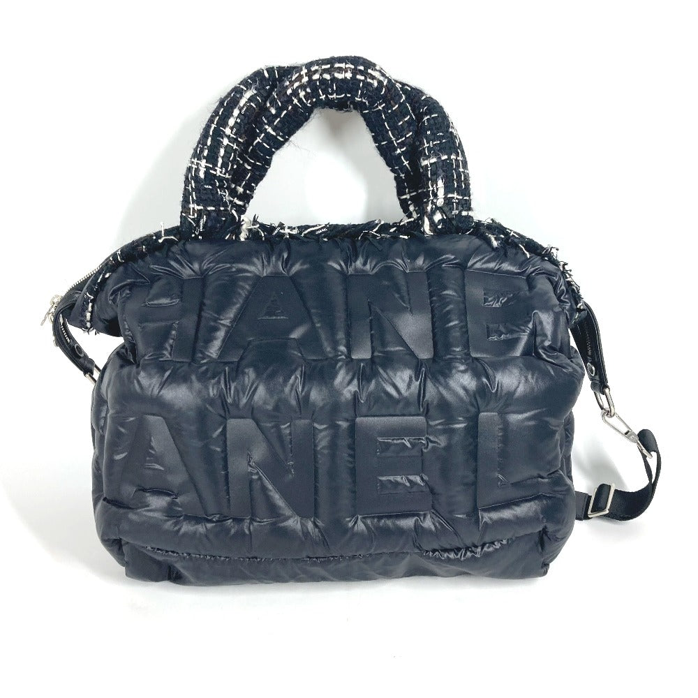 CHANEL Shoulder Bag Nylon, Tweed black 2WAY bag Boston Duffel bag Coconage Doudoune embossed logo Women Used