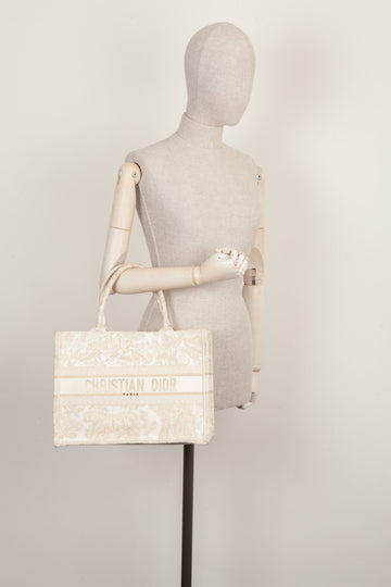 CHRISTIAN DIOR Medium Book Tote Toile de Jouy Embroidery Gold & White