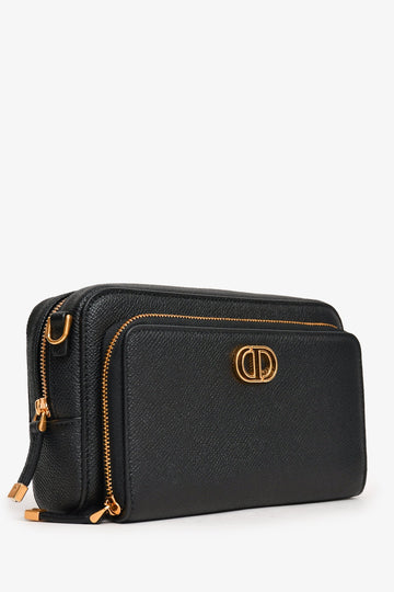 Christian Dior Black Grained Leather Caro Double Pouch Crossbody