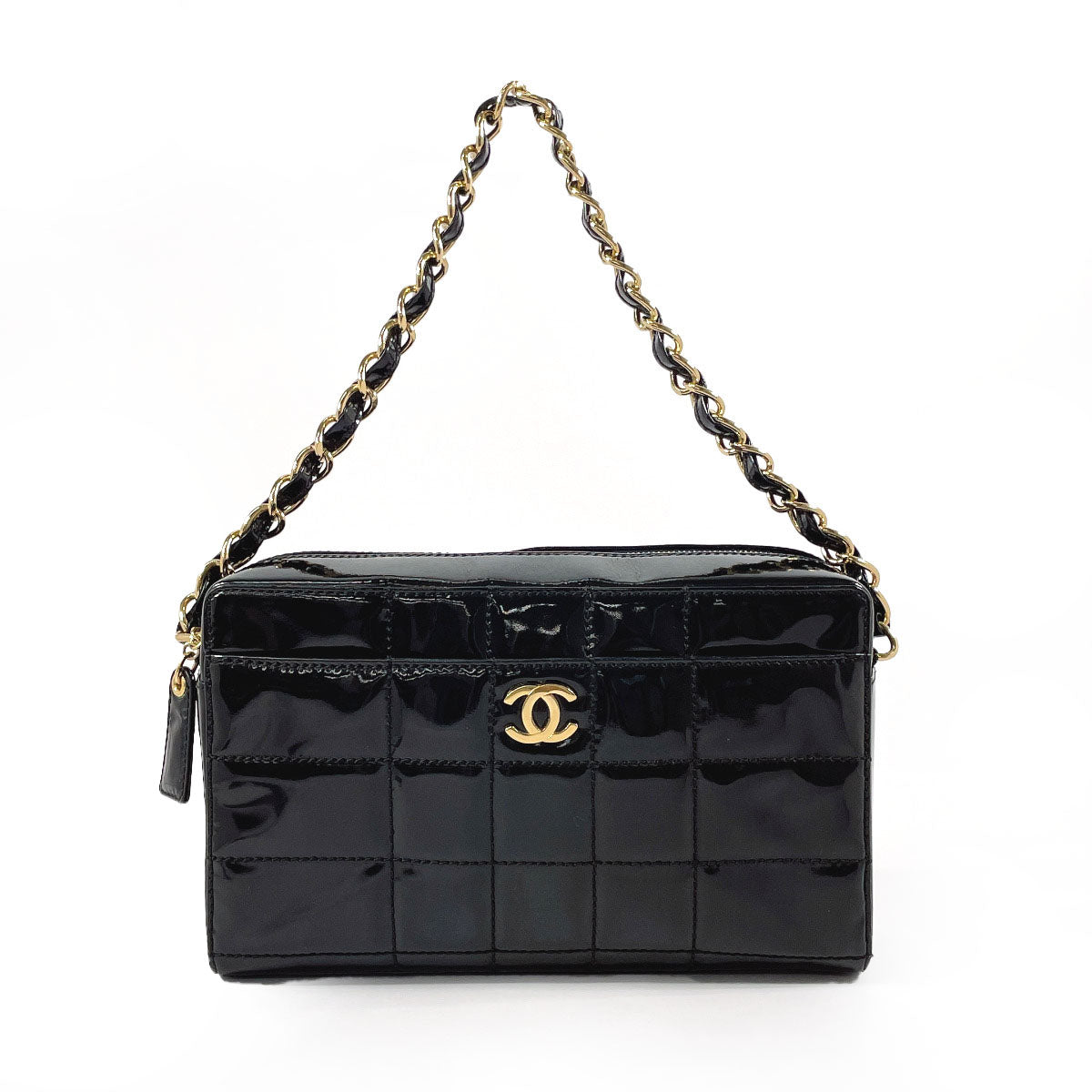 CHANEL Shoulder Bag Patent leather black Chocolate bar ChainShoulder