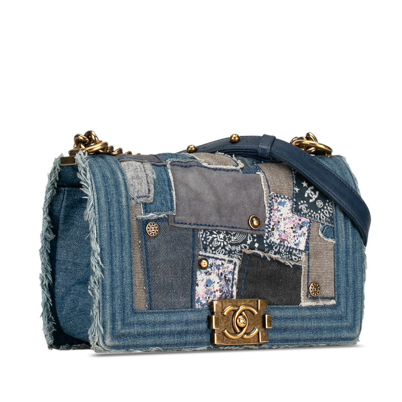 Chanel Medium Patchwork Denim Le Boy Flap Bag Denim Shoulder Bag in Good condition