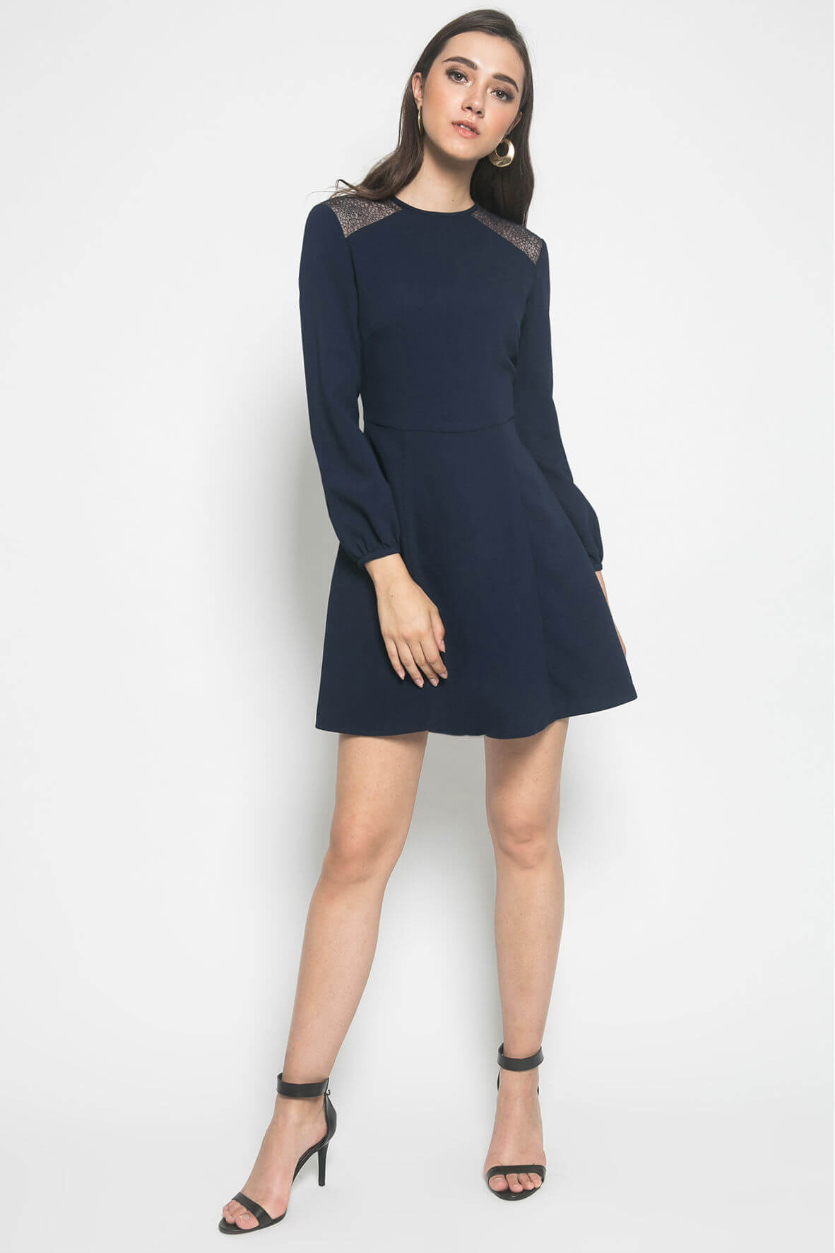Lace Panel Belted Bell-Sleeve Dress