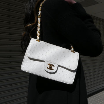 CHANEL * 1989-1991 Classic Double Flap Small White Ostrich