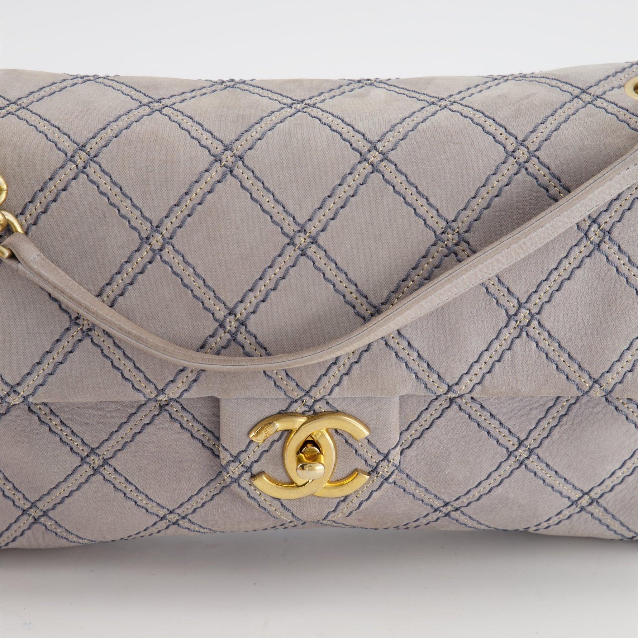 Chanel Powder Grey Suede Quilted Flap Bag with Gold Hardware
